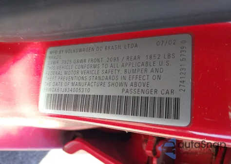 2003 Volkswagen Golf Gls 2.0L z USA, uszkodzony, nr VIN 9BWGK61J834005310